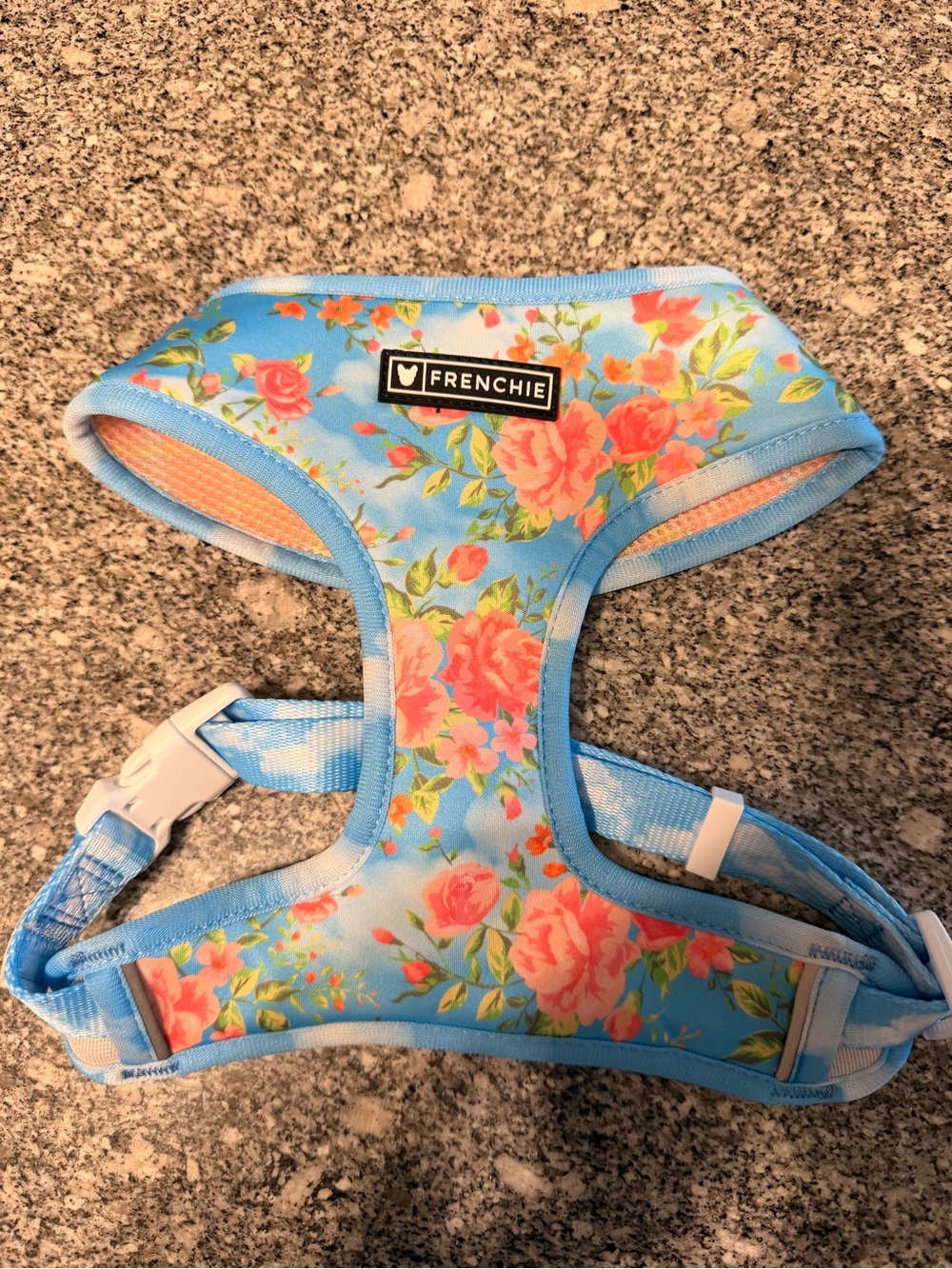 Frenchie Floral Reversible Dog Harness - Blue with Coral Roses Secret Garden (L)